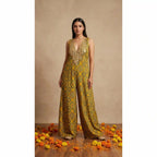 Yellow Ajrakh Modal Silk Jumpsuit with Embroidery