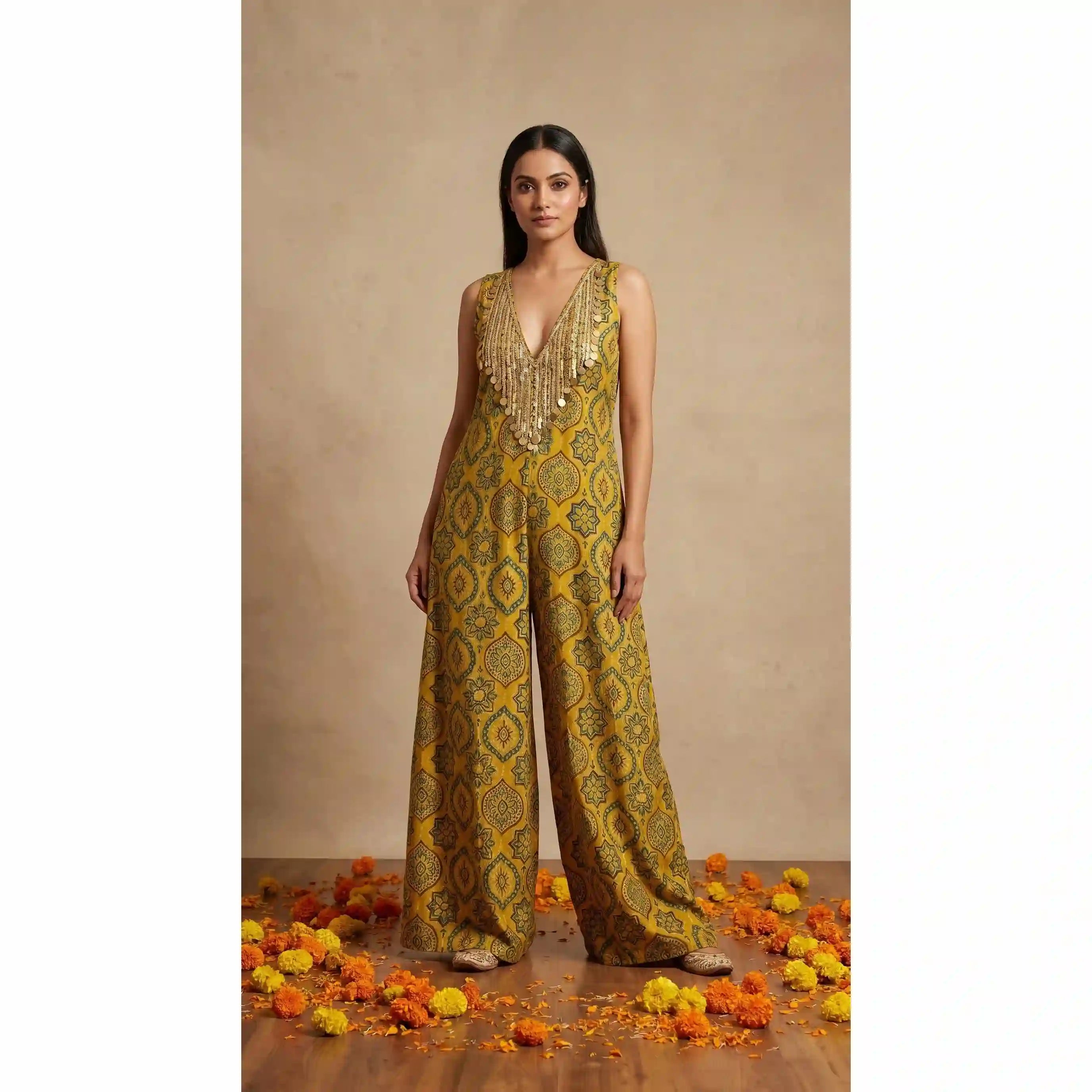 Yellow Ajrakh Modal Silk Jumpsuit with Embroidery