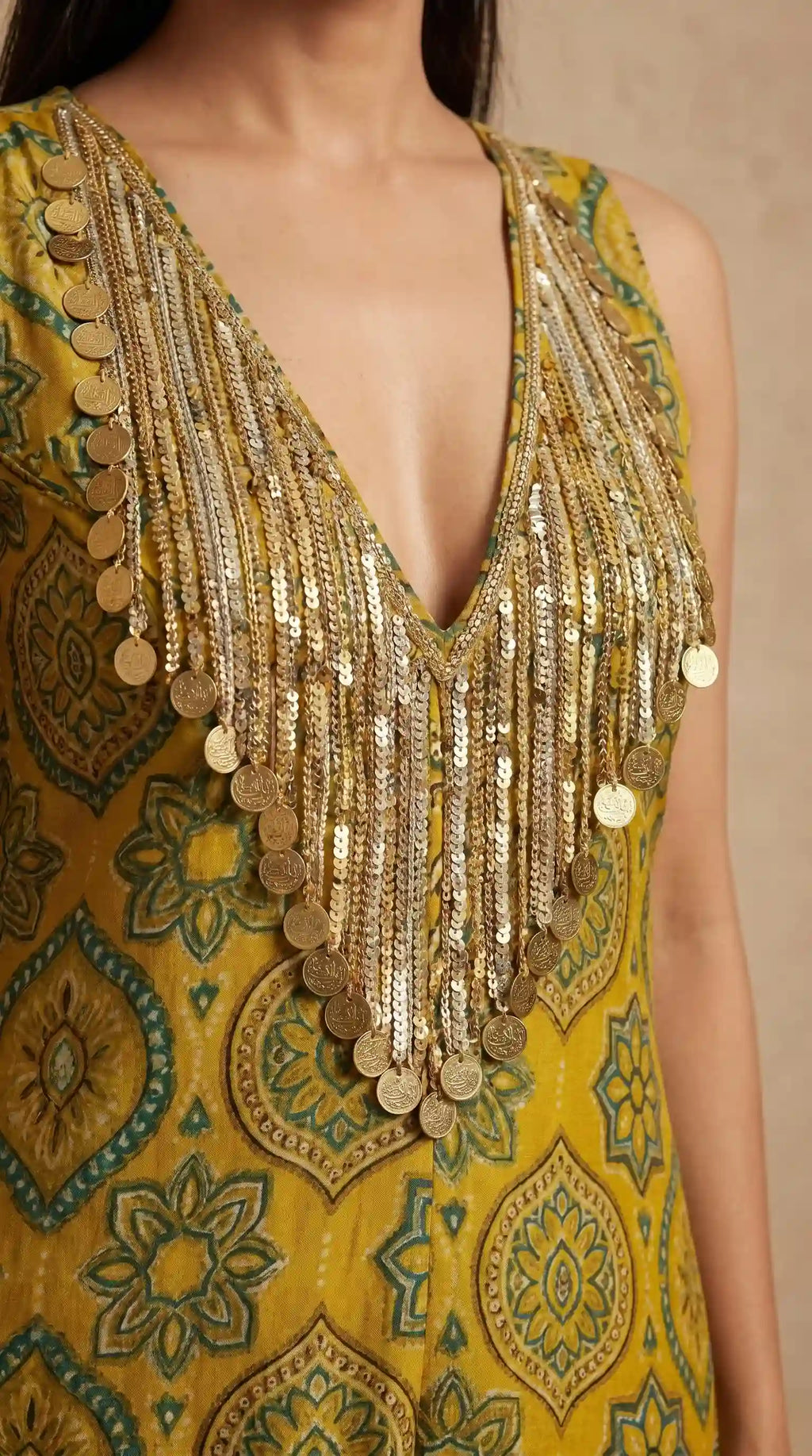 Yellow Ajrakh Modal Silk Jumpsuit with Embroidery
