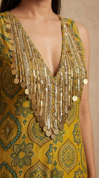 Yellow Ajrakh Modal Silk Jumpsuit with Embroidery