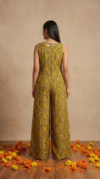 Yellow Ajrakh Modal Silk Jumpsuit with Embroidery