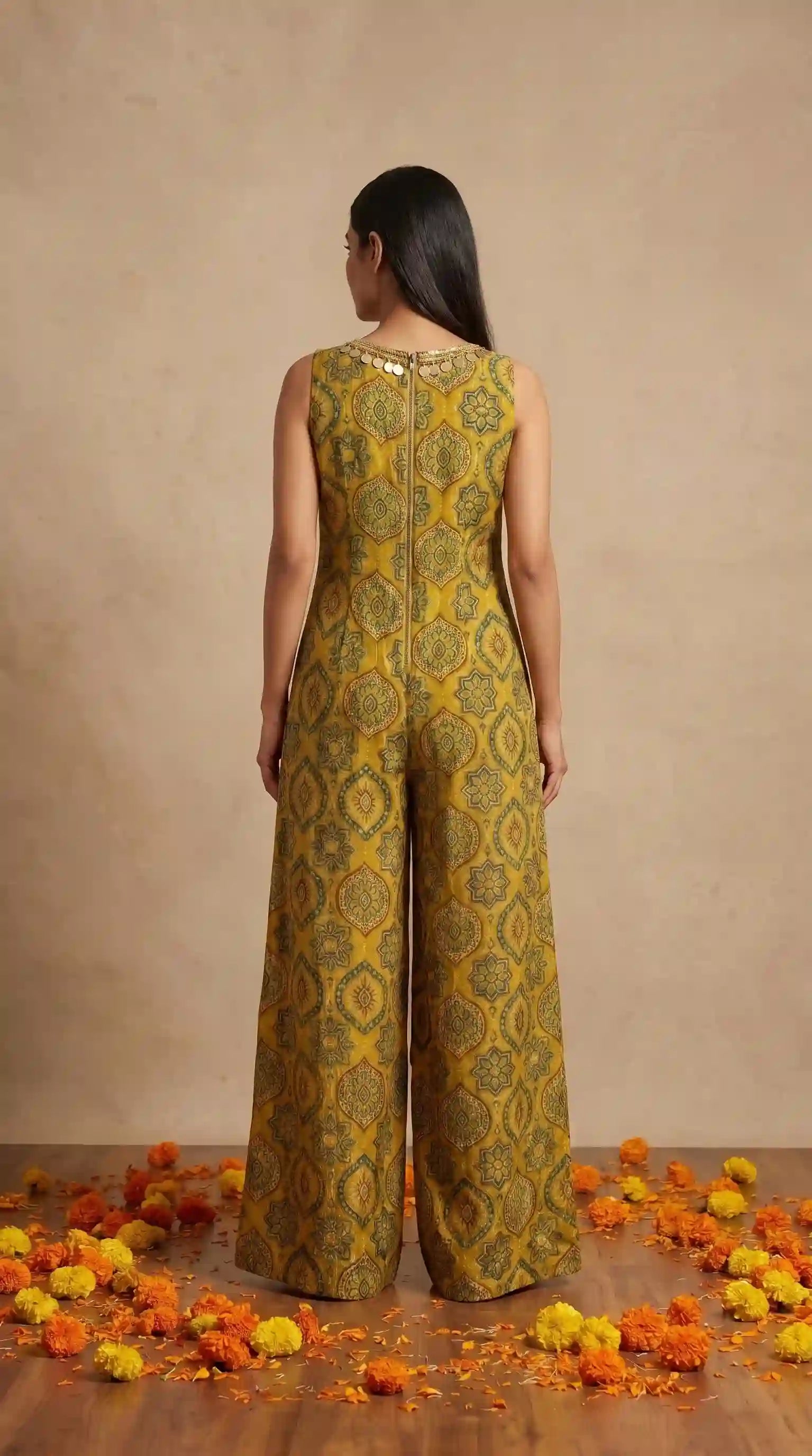 Yellow Ajrakh Modal Silk Jumpsuit with Embroidery