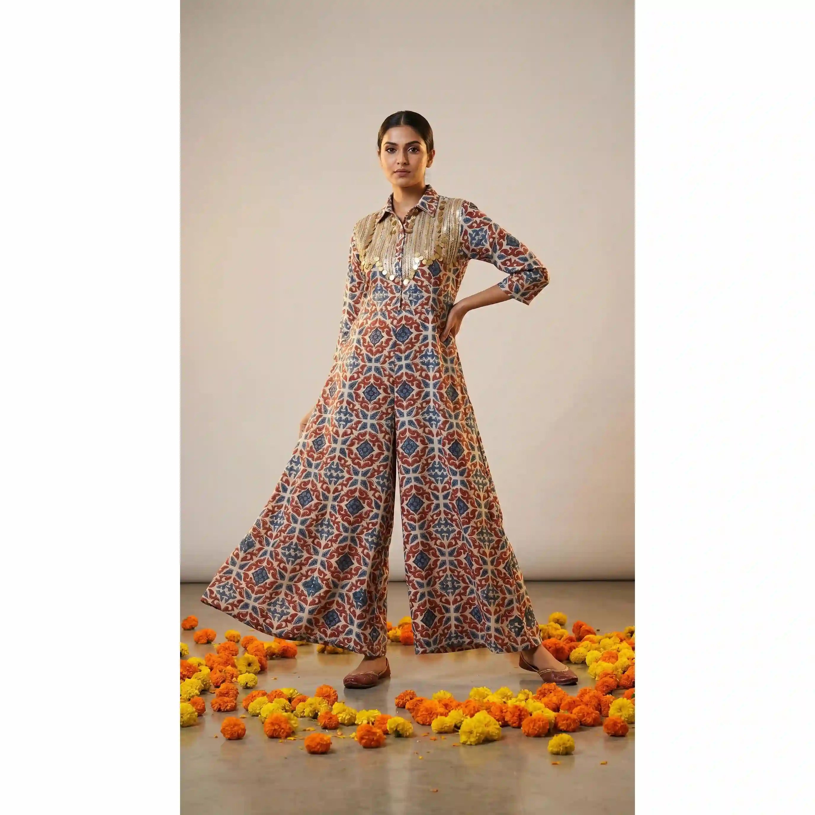 Cream Ajrakh Modal Silk Jumpsuit with Embroidery