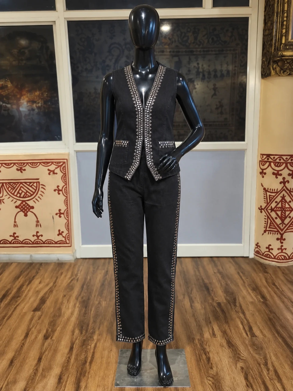Black Denim Vest & Pant Set — digitally created mannequin view in Swarna’s office, based on the product photographs