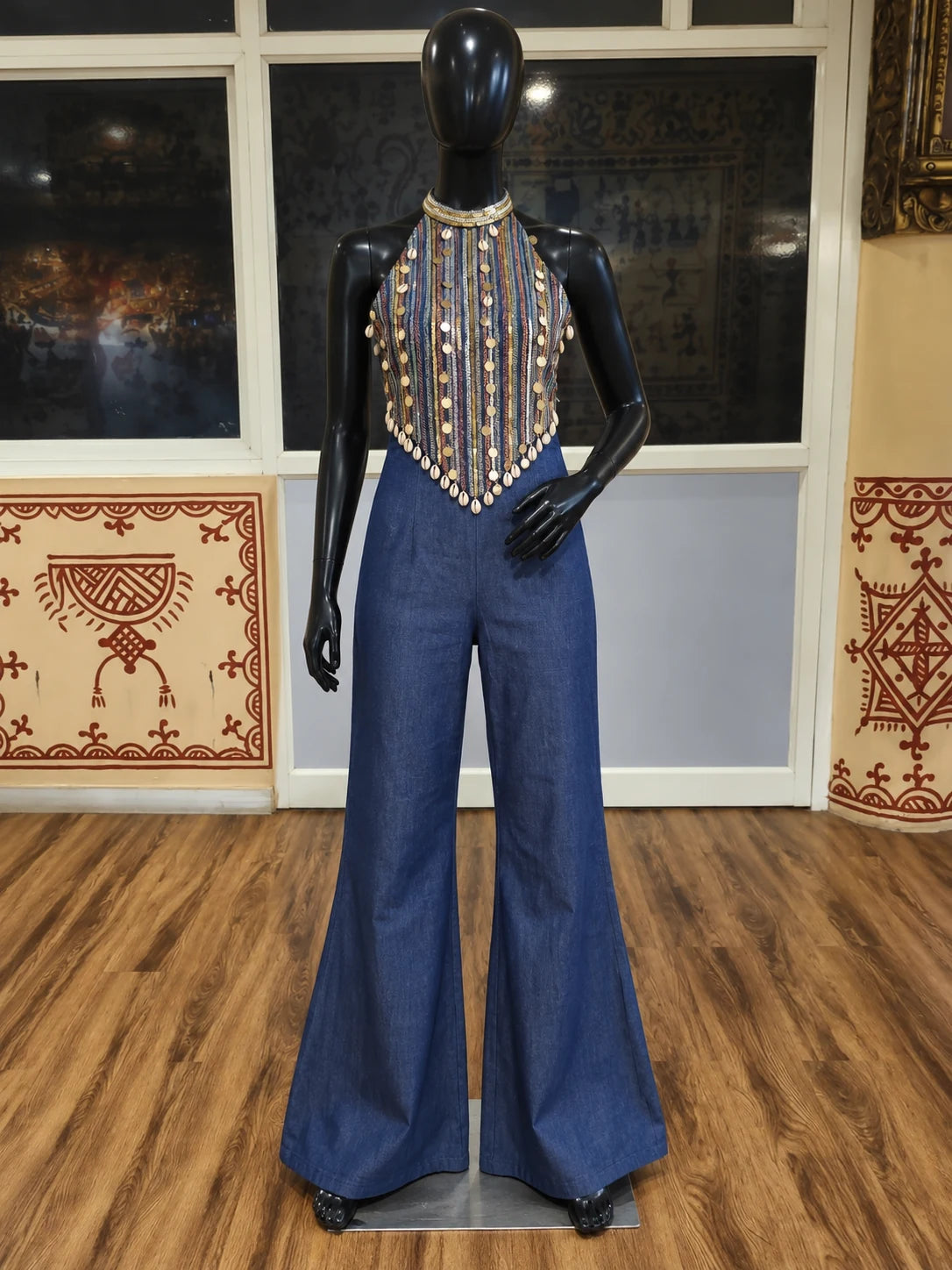 Blue Denim Threadwork Halter Neck Jumpsuit — digitally created mannequin view in Swarna’s office, based on the product photographs