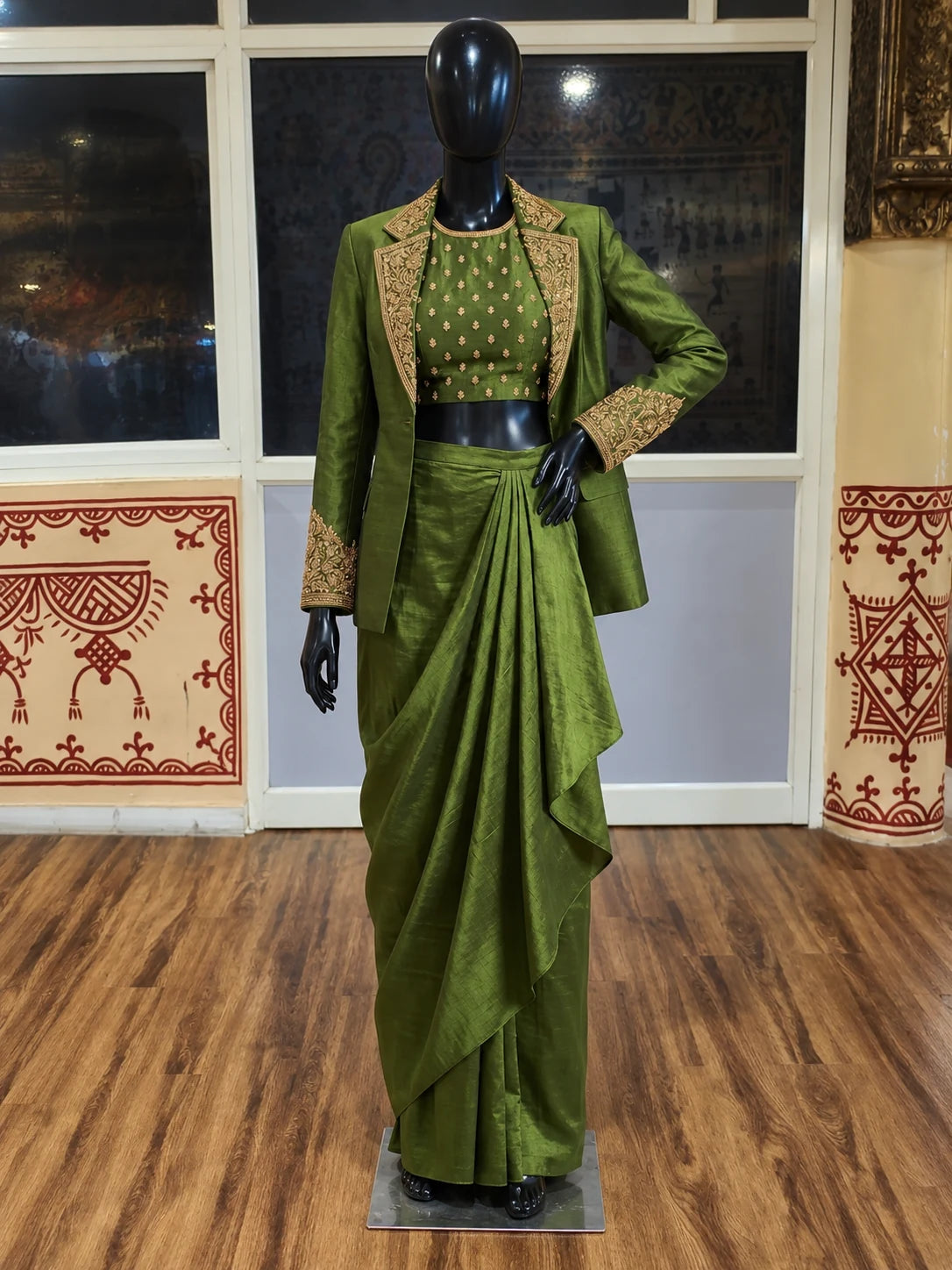 KAJRI — Handloom Tissue Silk Zardosi Blouse, Draped Skirt & Blazer Set — digitally created mannequin view in Swarna’s office, based on the product photographs