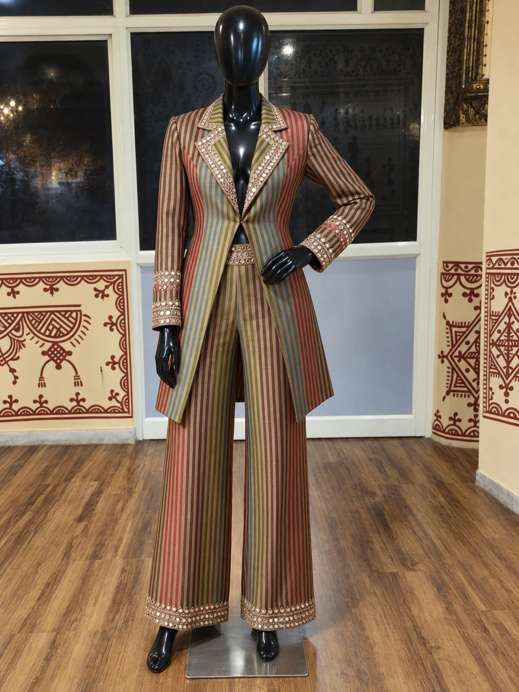 PACHRANG — Handloom Tissue Silk Mirror Work Jacket & Pant Set — digitally created mannequin view in Swarna’s office, based on the product photographs