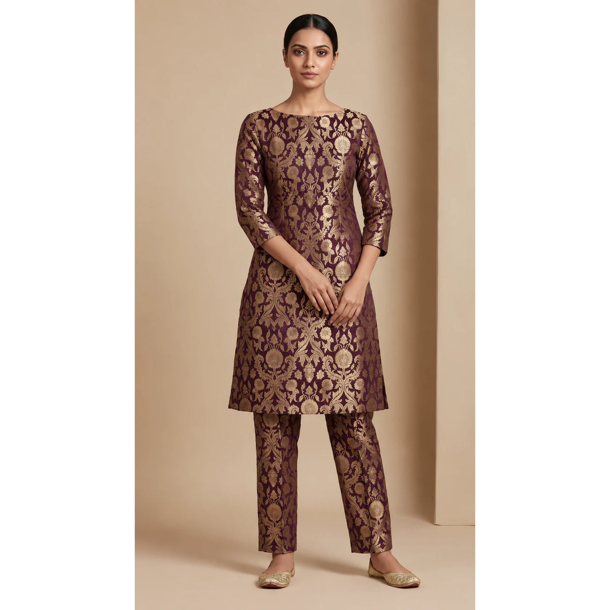 NAQSH plum Katan silk powerloom brocade kurta and pant set, front view; full photograph centered on a square white canvas