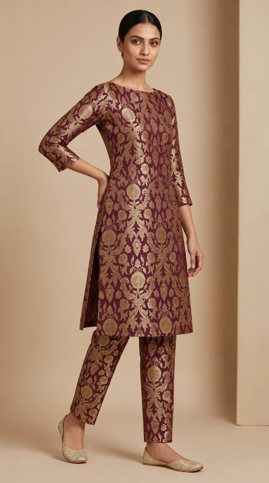 NAQSH plum Katan silk powerloom brocade kurta and pant set, three-quarter view