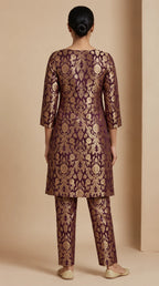 NAQSH plum Katan silk powerloom brocade kurta and pant set, back view — thumbnail 3