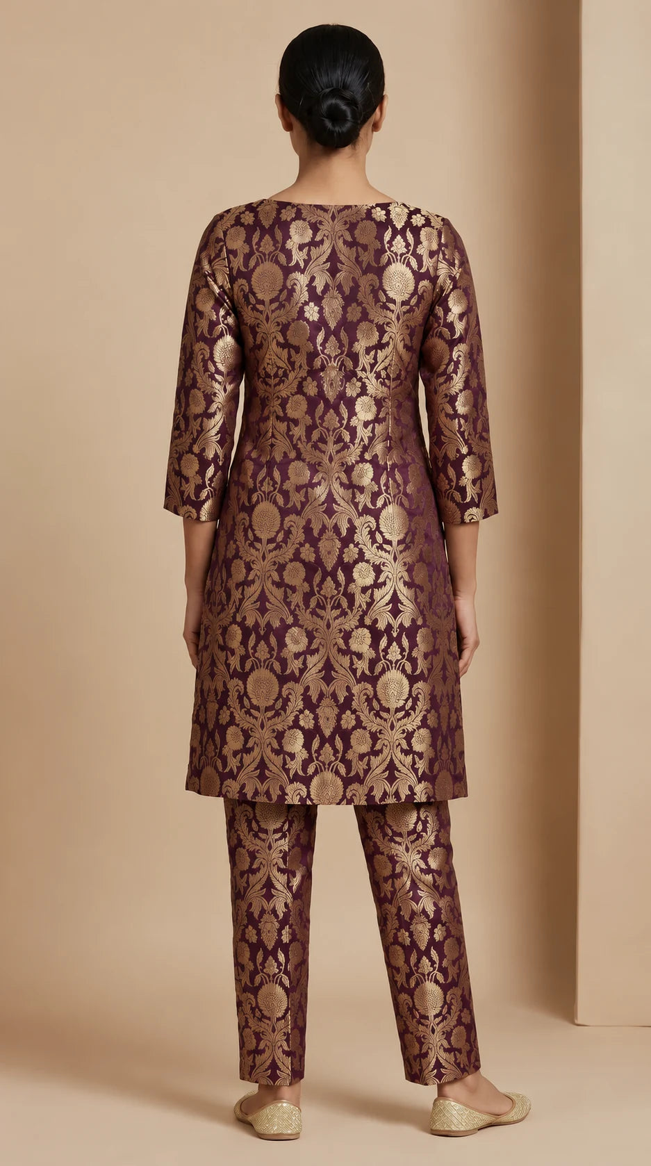 NAQSH plum Katan silk powerloom brocade kurta and pant set, back view