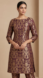 NAQSH plum Katan silk powerloom brocade kurta and pant set, close-up of woven floral brocade and tailoring — thumbnail 4