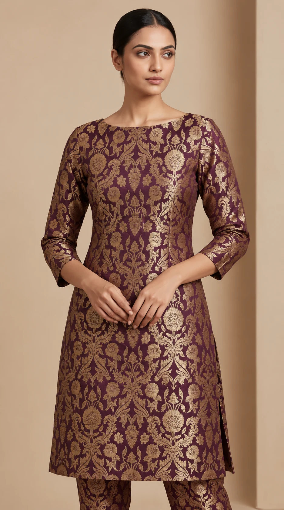 NAQSH plum Katan silk powerloom brocade kurta and pant set, close-up of woven floral brocade and tailoring