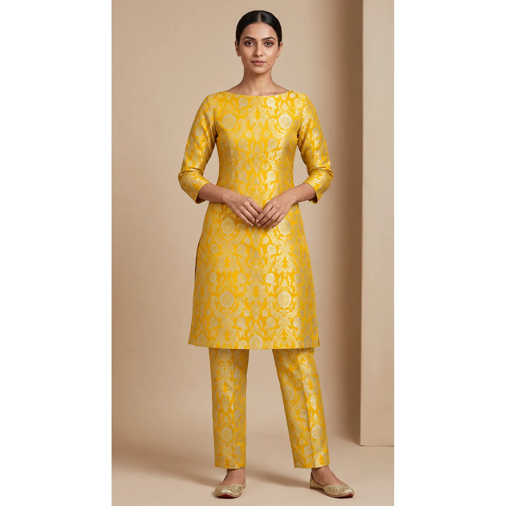 NAQSH marigold yellow Katan silk powerloom brocade kurta and pant set, front view; full photograph centered on a square white canvas