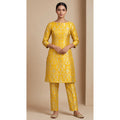 NAQSH marigold yellow Katan silk powerloom brocade kurta and pant set, front view; full photograph centered on a square white canvas