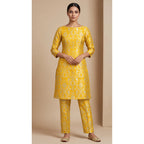 NAQSH marigold yellow Katan silk powerloom brocade kurta and pant set, front view; full photograph centered on a square white canvas — thumbnail 1