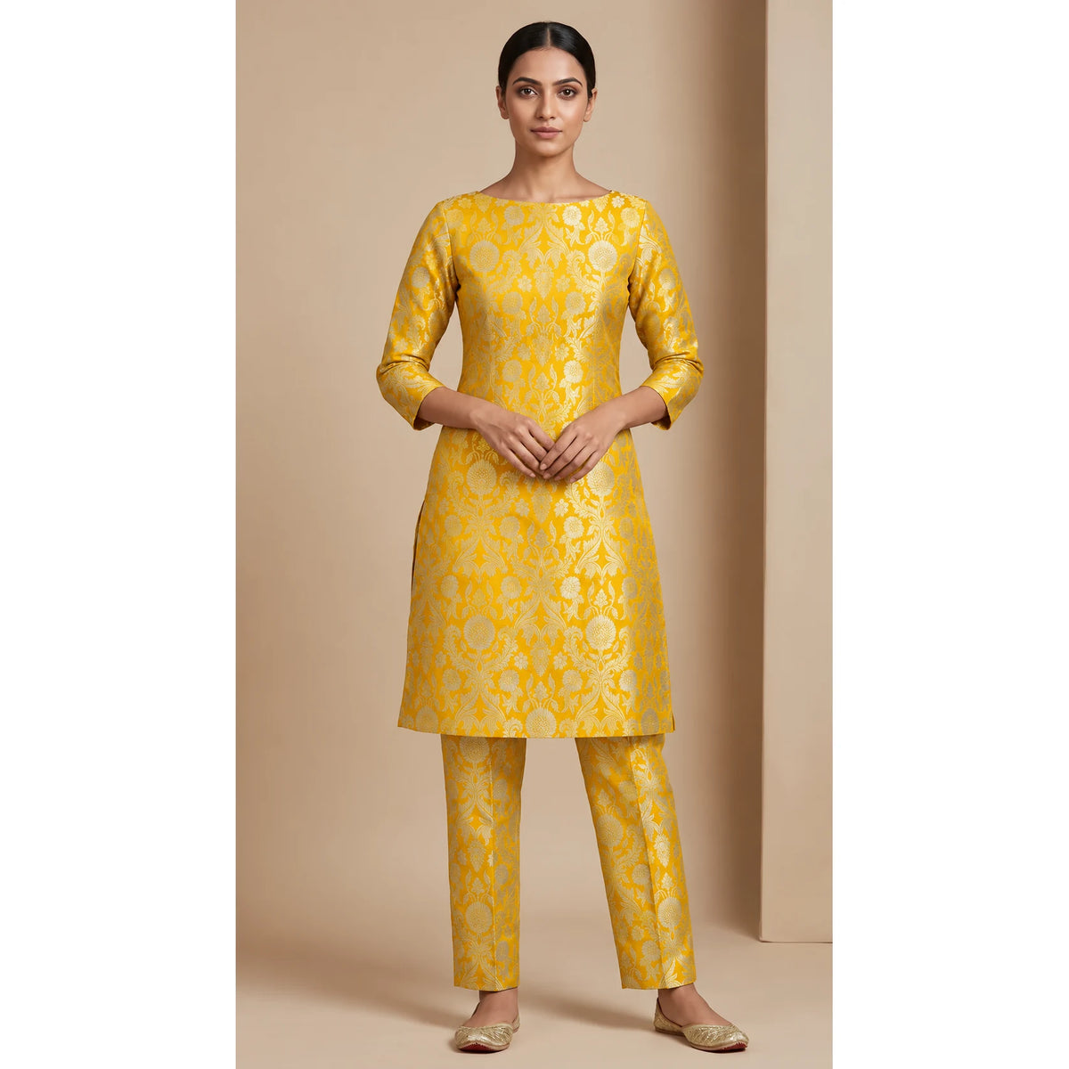 NAQSH marigold yellow Katan silk powerloom brocade kurta and pant set, front view; full photograph centered on a square white canvas