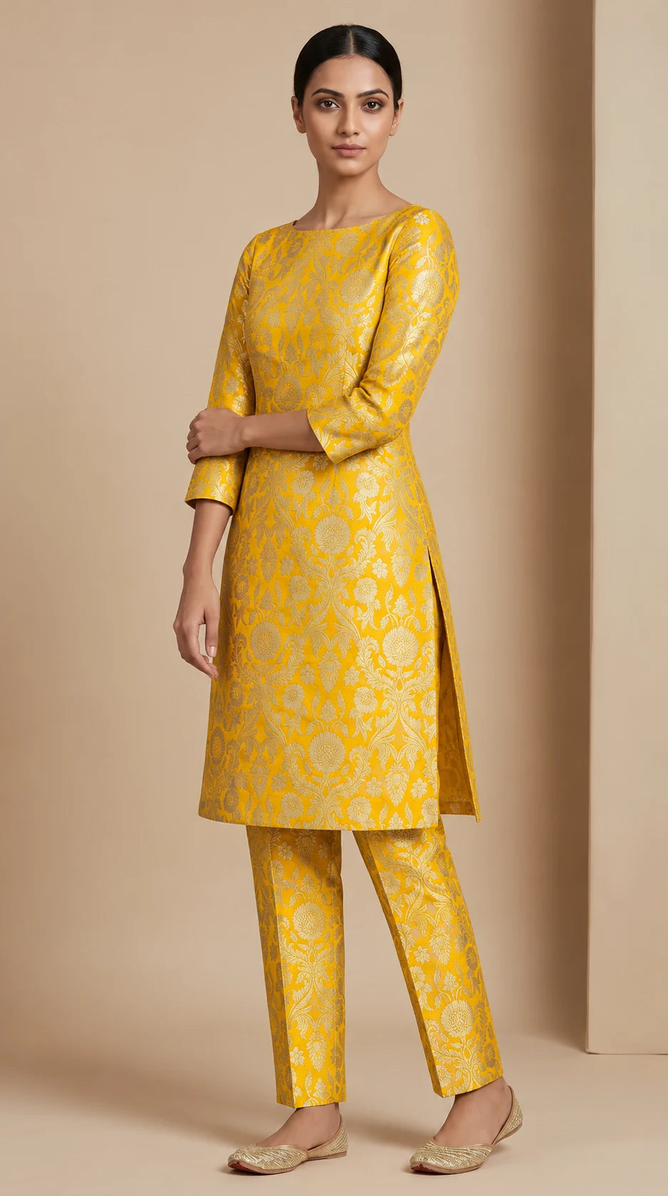 NAQSH marigold yellow Katan silk powerloom brocade kurta and pant set, three-quarter view
