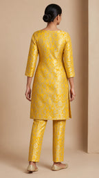 NAQSH marigold yellow Katan silk powerloom brocade kurta and pant set, back view — thumbnail 3