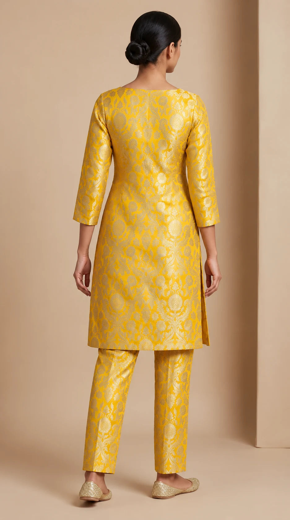 NAQSH marigold yellow Katan silk powerloom brocade kurta and pant set, back view