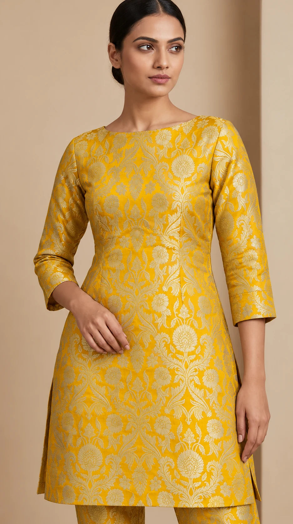 NAQSH marigold yellow Katan silk powerloom brocade kurta and pant set, close-up of woven floral brocade and tailoring