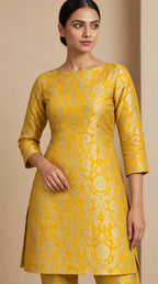 NAQSH marigold yellow Katan silk powerloom brocade kurta and pant set, close-up of woven floral brocade and tailoring — thumbnail 4