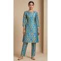 NAQSH azure blue Katan silk powerloom brocade kurta and pant set, front view; full photograph centered on a square white canvas