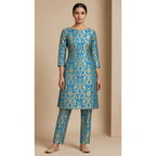 NAQSH azure blue Katan silk powerloom brocade kurta and pant set, front view; full photograph centered on a square white canvas — thumbnail 1