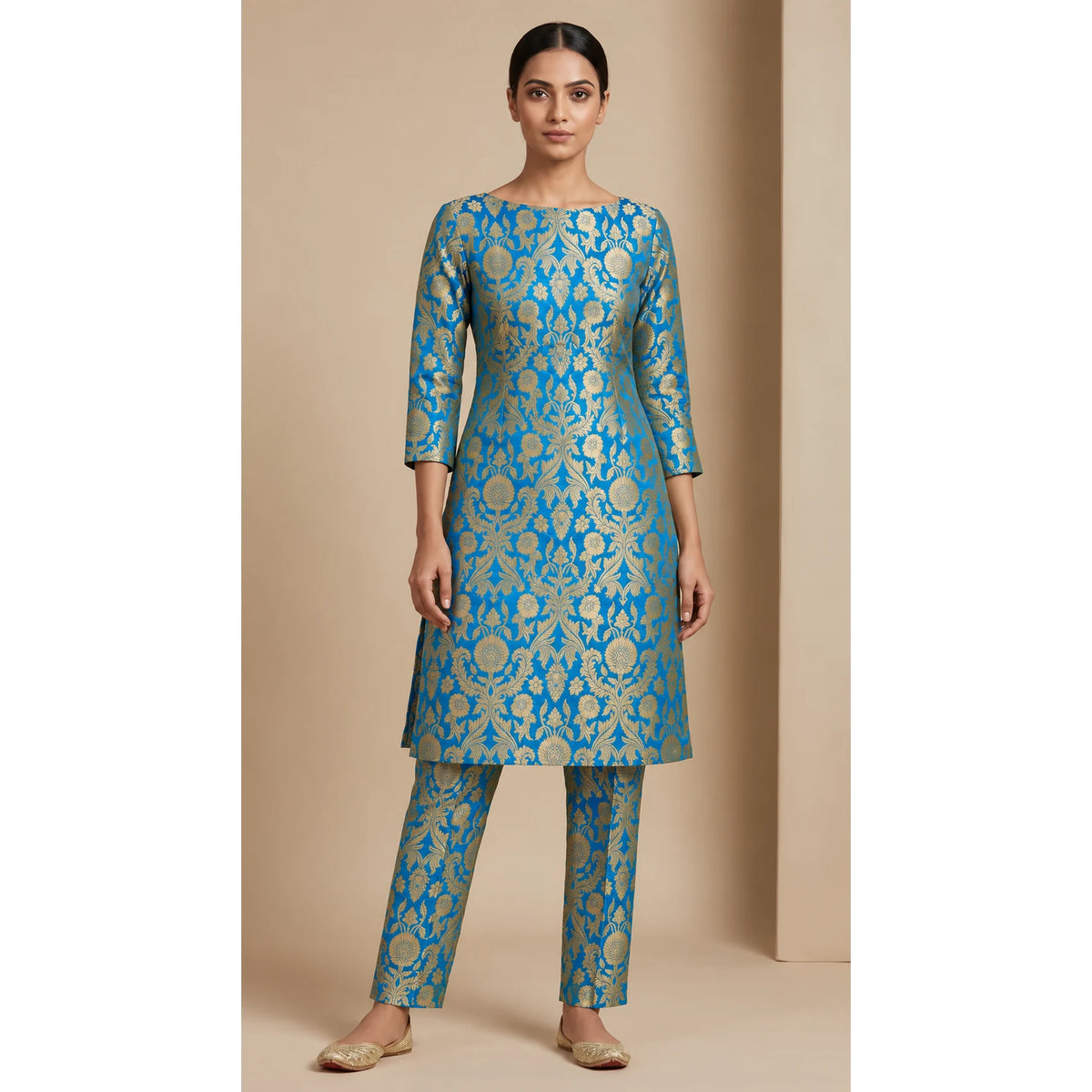 NAQSH azure blue Katan silk powerloom brocade kurta and pant set, front view; full photograph centered on a square white canvas