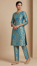 NAQSH azure blue Katan silk powerloom brocade kurta and pant set, three-quarter view — thumbnail 2