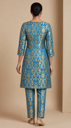 NAQSH azure blue Katan silk powerloom brocade kurta and pant set, back view — thumbnail 3