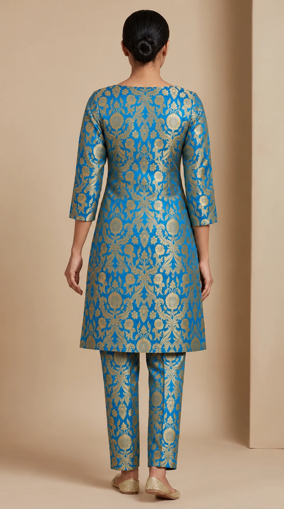 NAQSH azure blue Katan silk powerloom brocade kurta and pant set, back view
