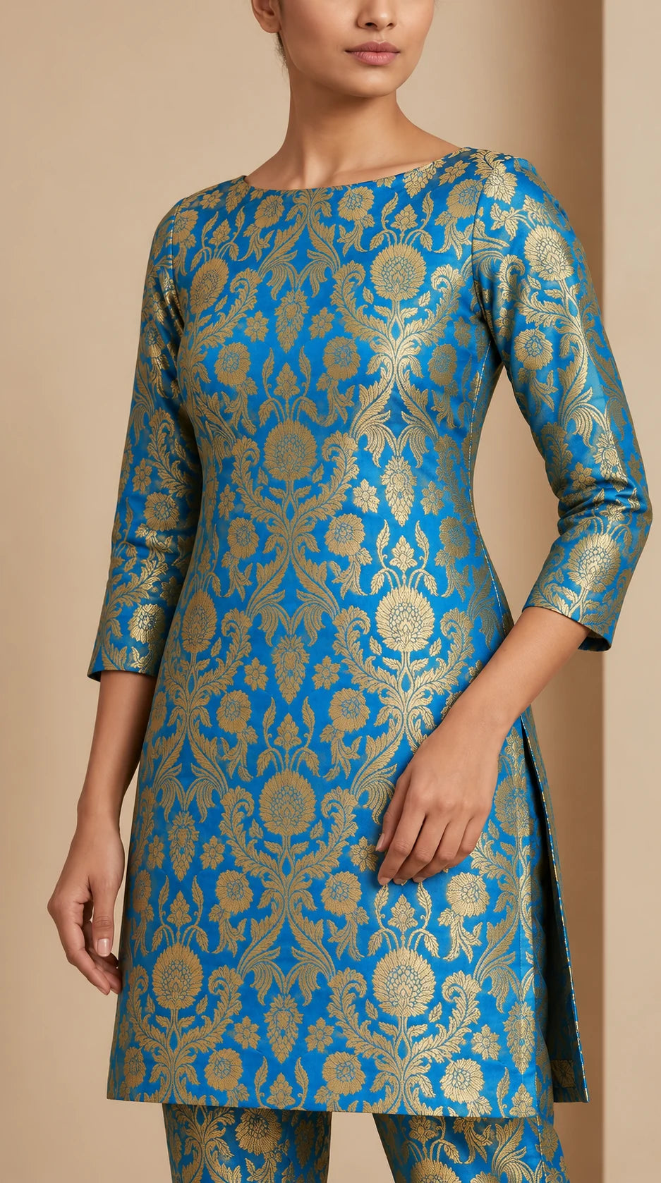 NAQSH azure blue Katan silk powerloom brocade kurta and pant set, close-up of woven floral brocade and tailoring