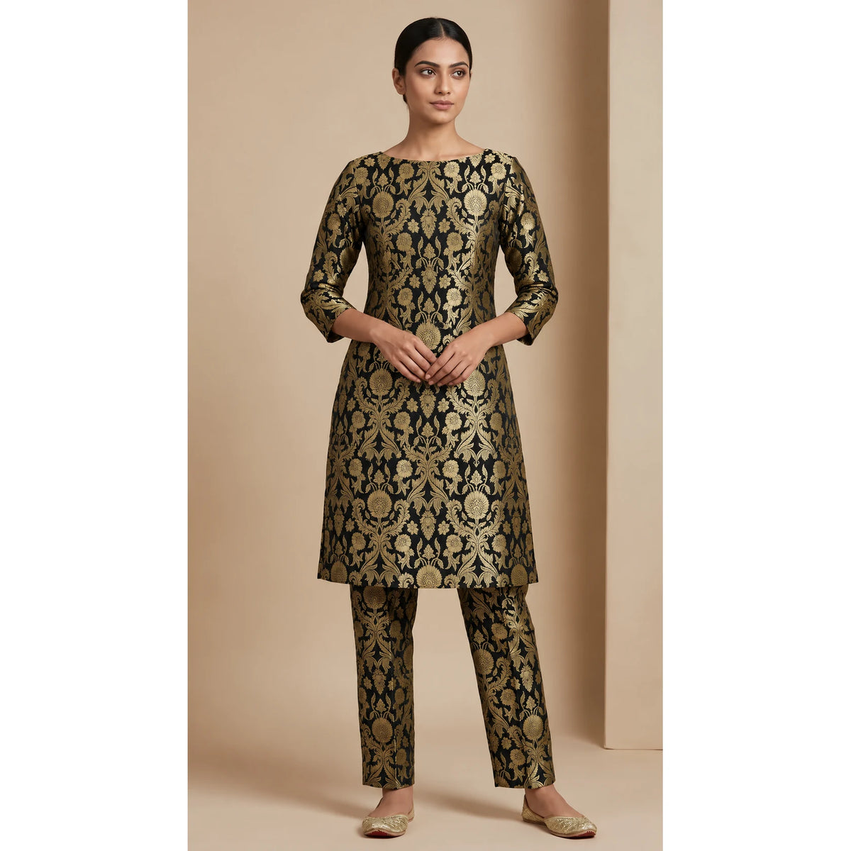 NAQSH black Katan silk powerloom brocade kurta and pant set, front view; full photograph centered on a square white canvas