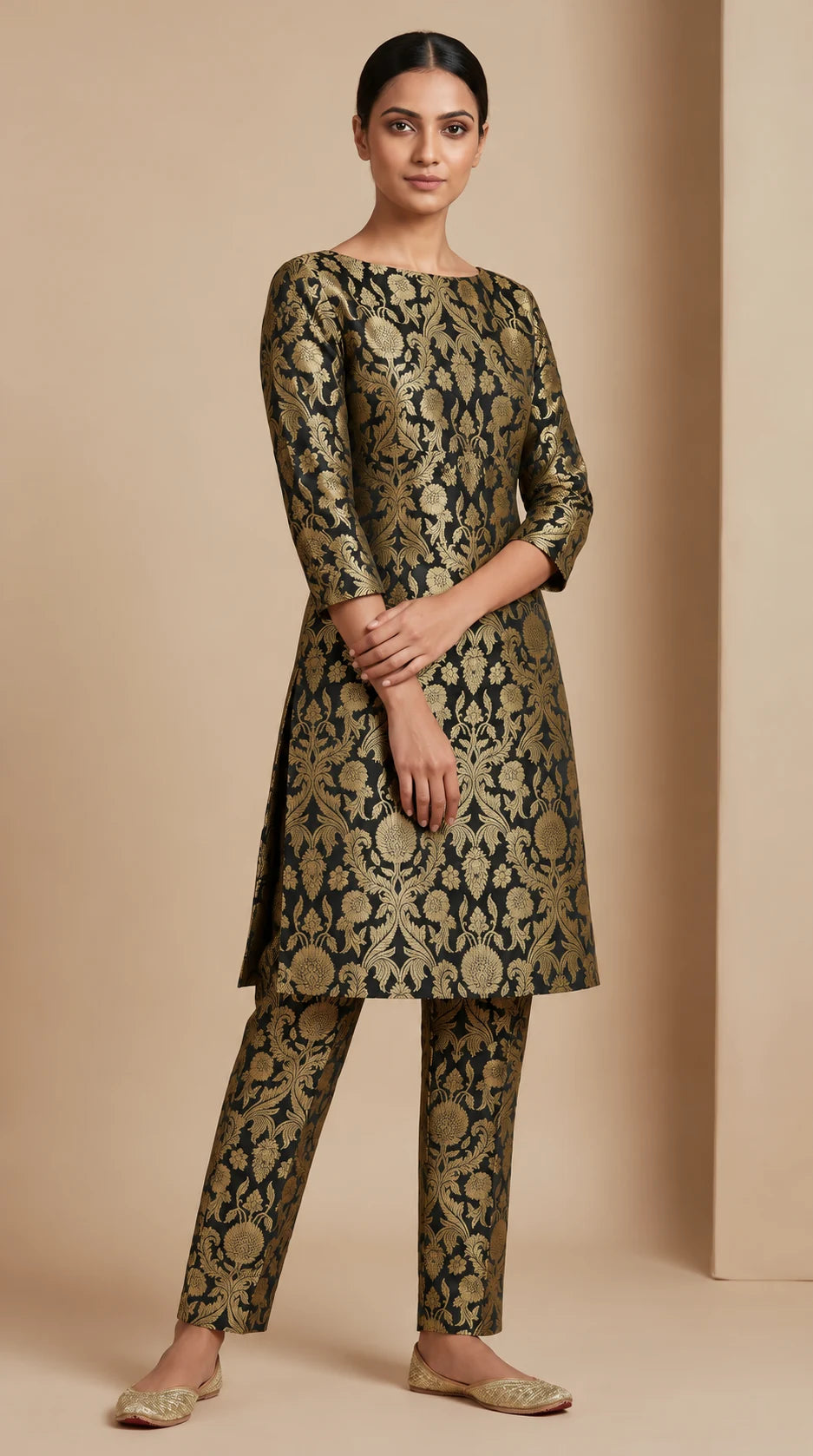 NAQSH black Katan silk powerloom brocade kurta and pant set, three-quarter view