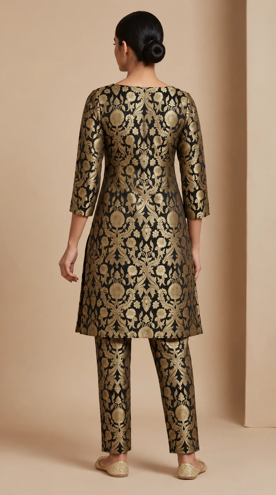 NAQSH black Katan silk powerloom brocade kurta and pant set, back view