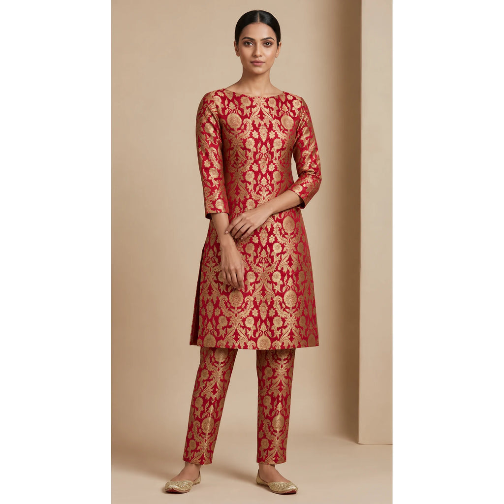 NAQSH crimson red Katan silk powerloom brocade kurta and pant set, front view; full photograph centered on a square white canvas