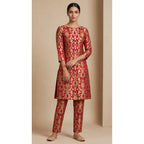 NAQSH crimson red Katan silk powerloom brocade kurta and pant set, front view; full photograph centered on a square white canvas — thumbnail 1