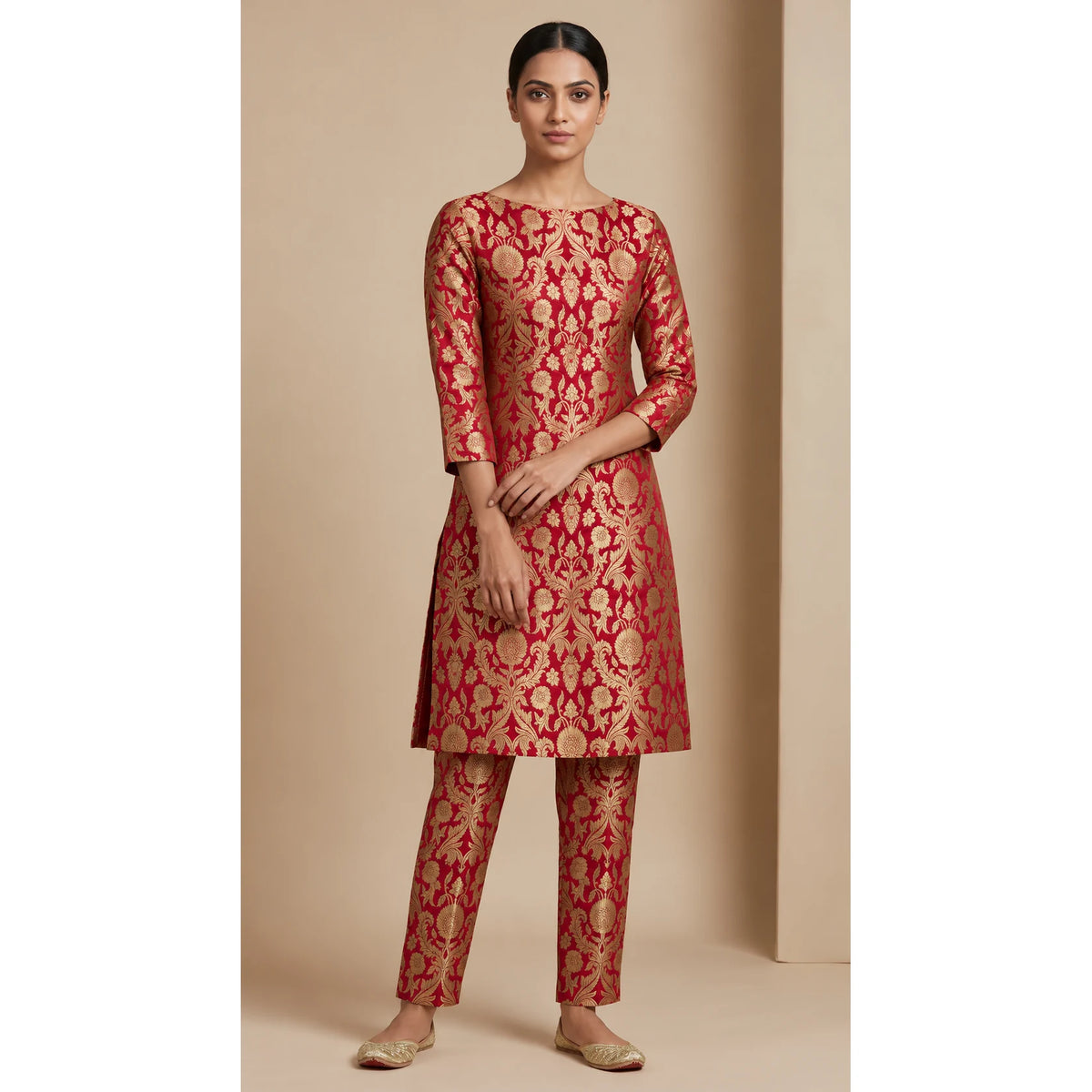 NAQSH crimson red Katan silk powerloom brocade kurta and pant set, front view; full photograph centered on a square white canvas