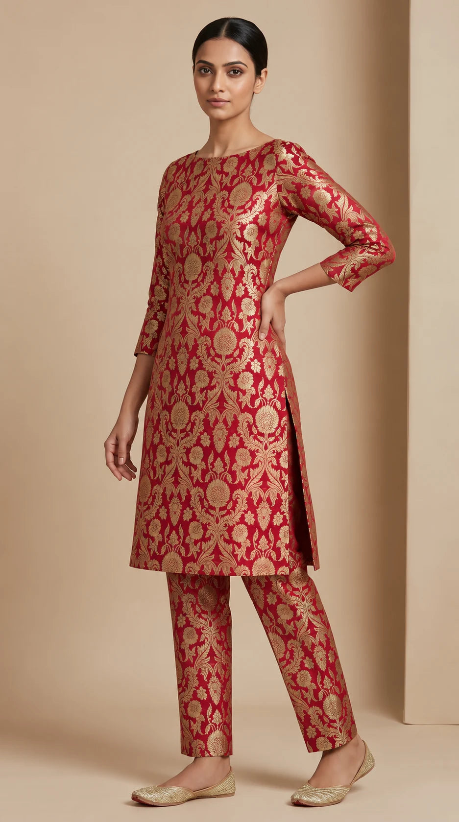NAQSH crimson red Katan silk powerloom brocade kurta and pant set, three-quarter view