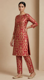 NAQSH crimson red Katan silk powerloom brocade kurta and pant set, three-quarter view — thumbnail 2