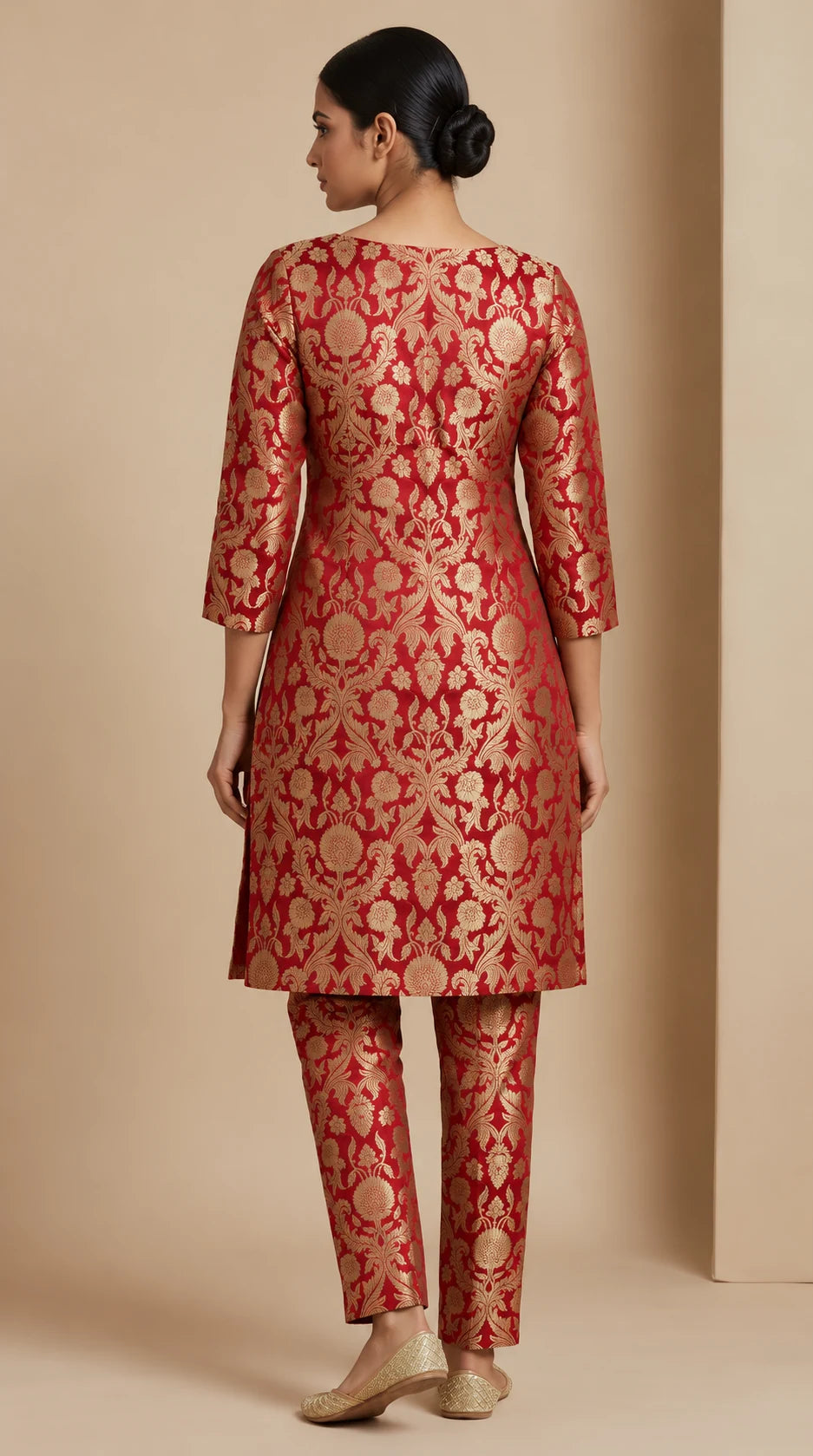 NAQSH crimson red Katan silk powerloom brocade kurta and pant set, back view