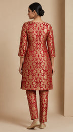NAQSH crimson red Katan silk powerloom brocade kurta and pant set, back view — thumbnail 3
