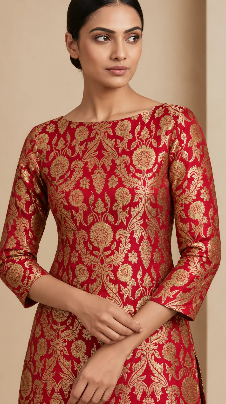 NAQSH crimson red Katan silk powerloom brocade kurta and pant set, close-up of woven floral brocade and tailoring