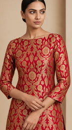 NAQSH crimson red Katan silk powerloom brocade kurta and pant set, close-up of woven floral brocade and tailoring — thumbnail 4