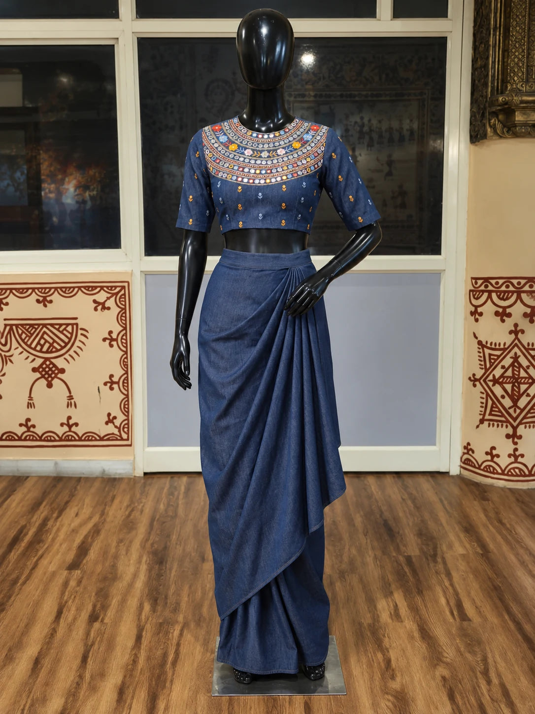 Blue Denim Draped Skirt Set with Heavy Hand Embroidery — digitally created mannequin view in Swarna’s office, based on the product photographs