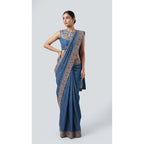 Blue cotton denim saree and sleeveless embroidered blouse with mirror work, full front view — thumbnail 1