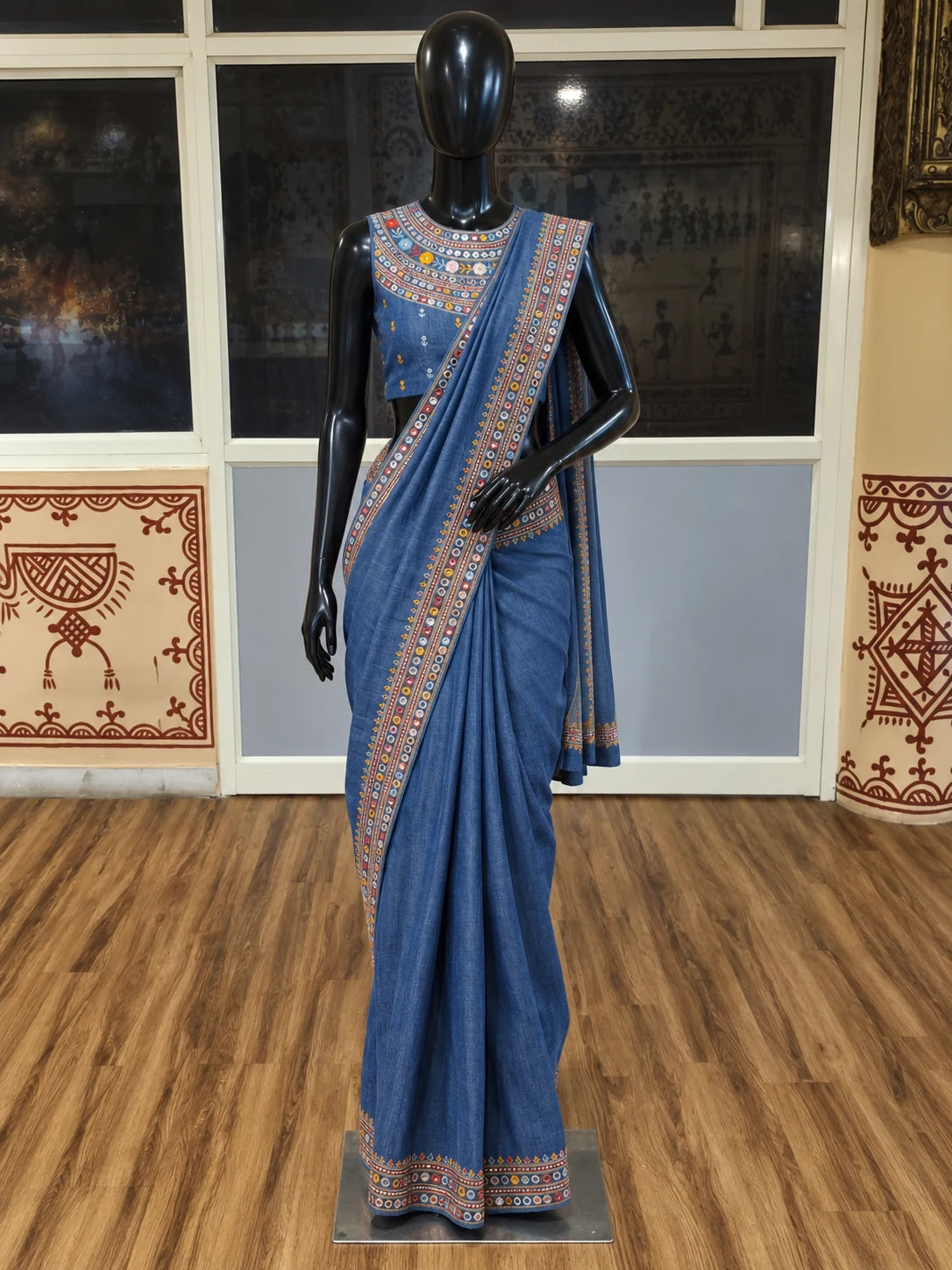 Blue Denim Hand-Embroidered Mirror Work Saree Set — digitally created mannequin view in Swarna’s office, based on the product photographs