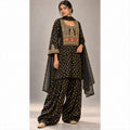 Front view of black bandhani modal silk farshi salwar set with hand embroidery and organza dupatta; original studio background with white side padding