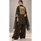 Front view of black bandhani modal silk farshi salwar set with hand embroidery and organza dupatta; original studio background with white side padding — thumbnail 1